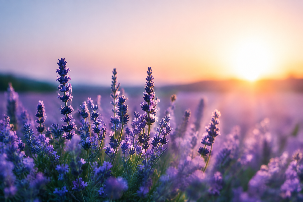 Campo de lavanda al atardecer, iluminado por la luz del sol, que transmite calma, conexión con la naturaleza, equilibrio y bienestar.