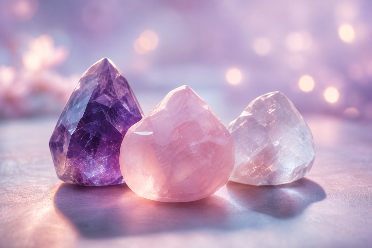 Cristales de amatista, cuarzo rosa y cuarzo transparente sobre un fondo en tonos lilas, representando sanación, equilibrio emocional y conexión interior.