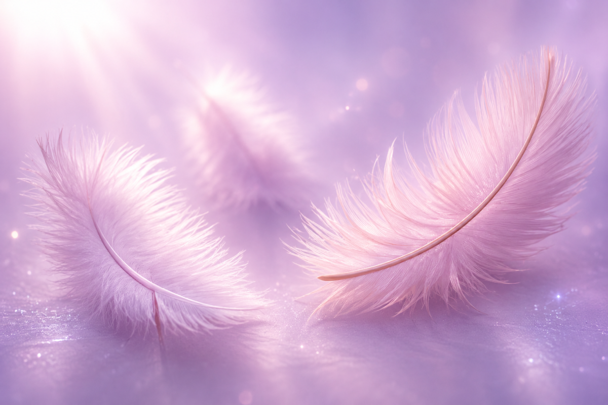 Plumas blancas sobre un fondo de tonos lilas y luz suave, como símbolo de conexión, intuición y mensajes que aparecen en nuestro camino.